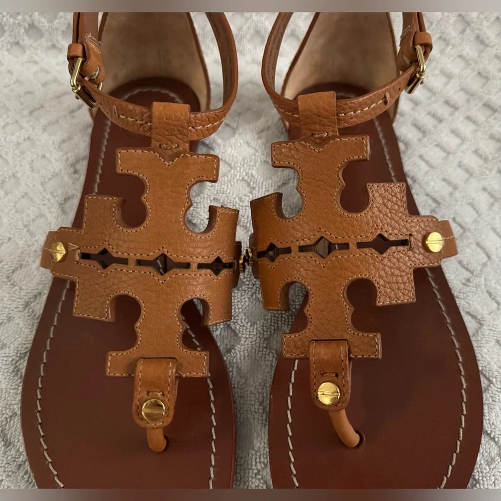 Tory Burch Phoebe Flat Thong Tumbled Leather Sandal Royal Tan Brown Size 6 30437 - Picture 6 of 16